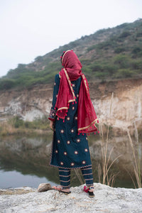 Morbagh Teal Embroidered Yoke Kurta, Pants And Kurta