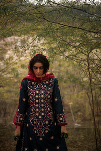 Morbagh Teal Embroidered Yoke Kurta, Pants And Kurta