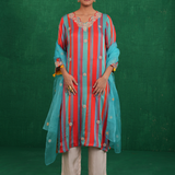 Turquoise red stripe kurta set