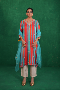 Turquoise red stripe kurta set
