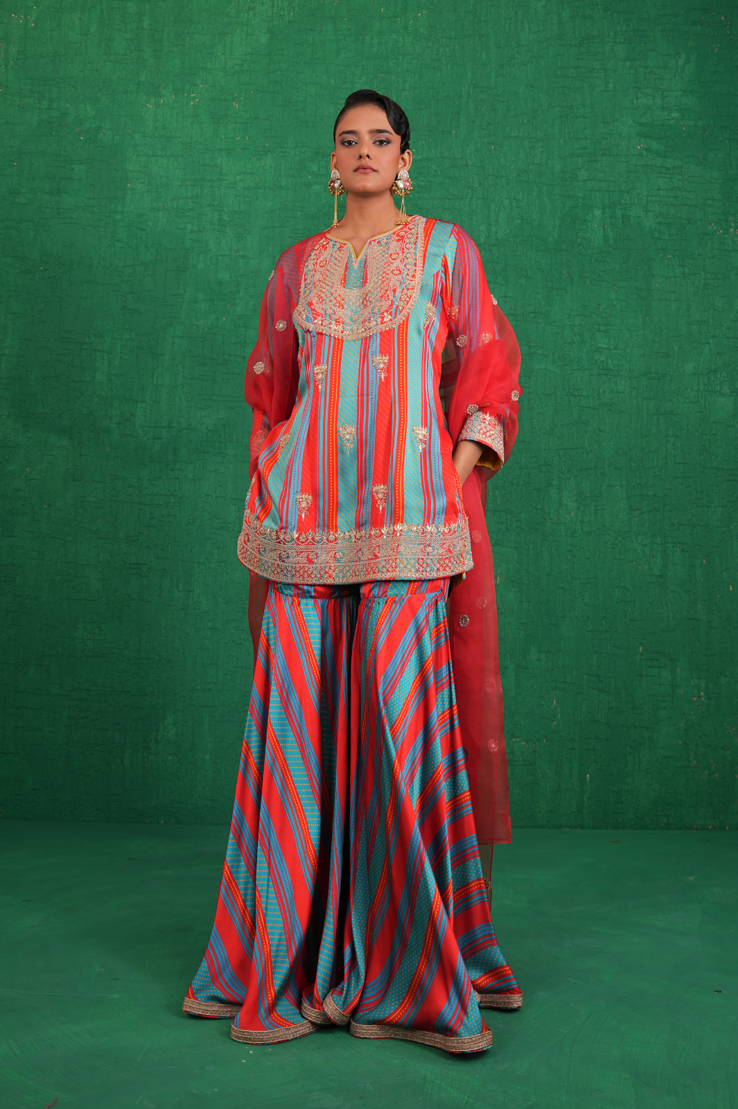 Turquoise red stripe sharara set