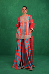 Turquoise red stripe sharara set