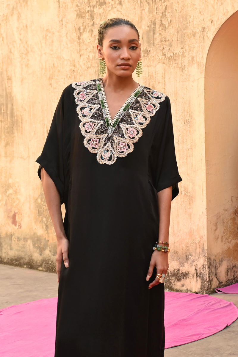 Black Embroidered Chintz Chameli Kaftan Set