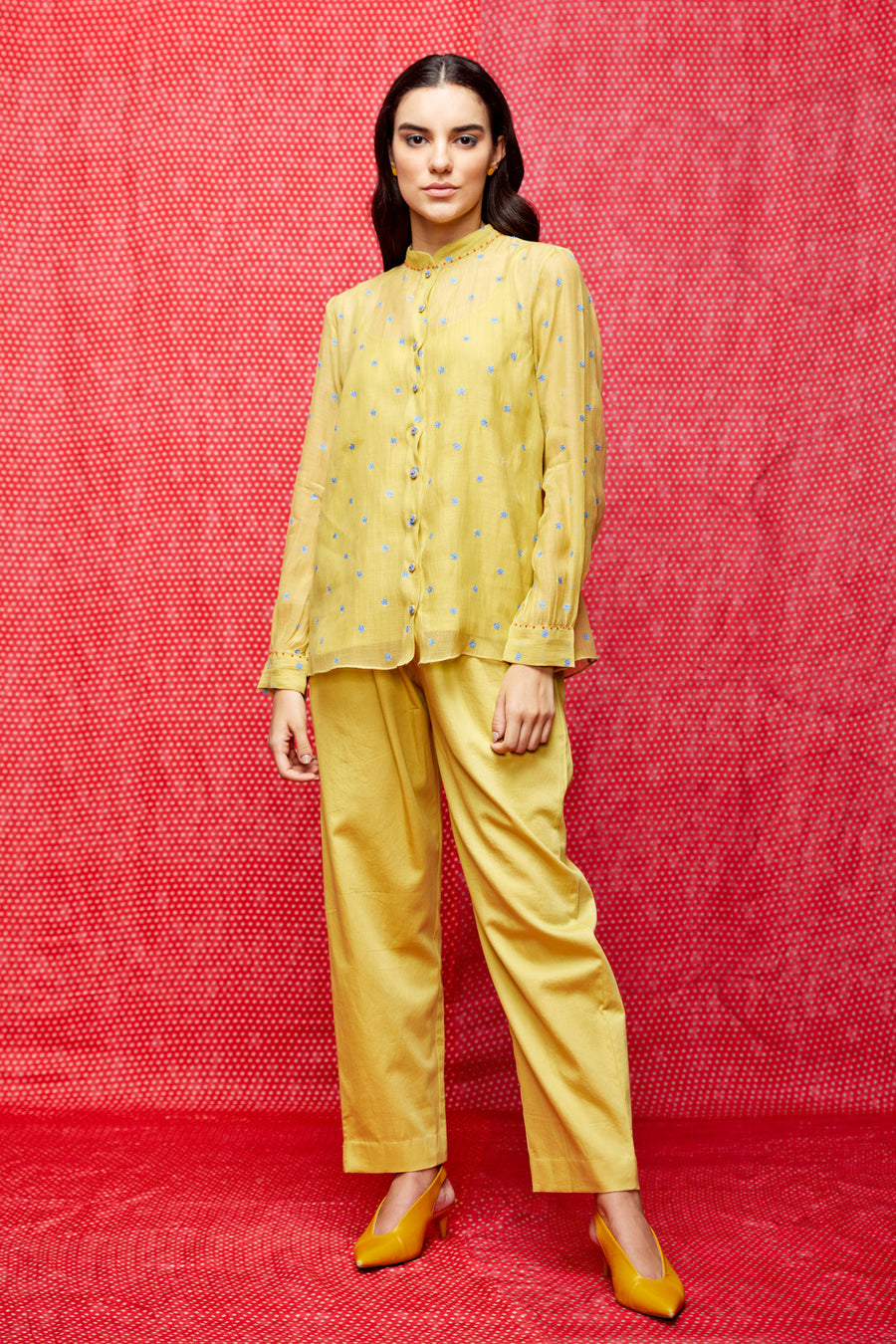 Yellow Embroidered Chanderi Shirt