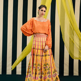 Yellow Orange Printed Embroidered Lehenga with Balloon Top