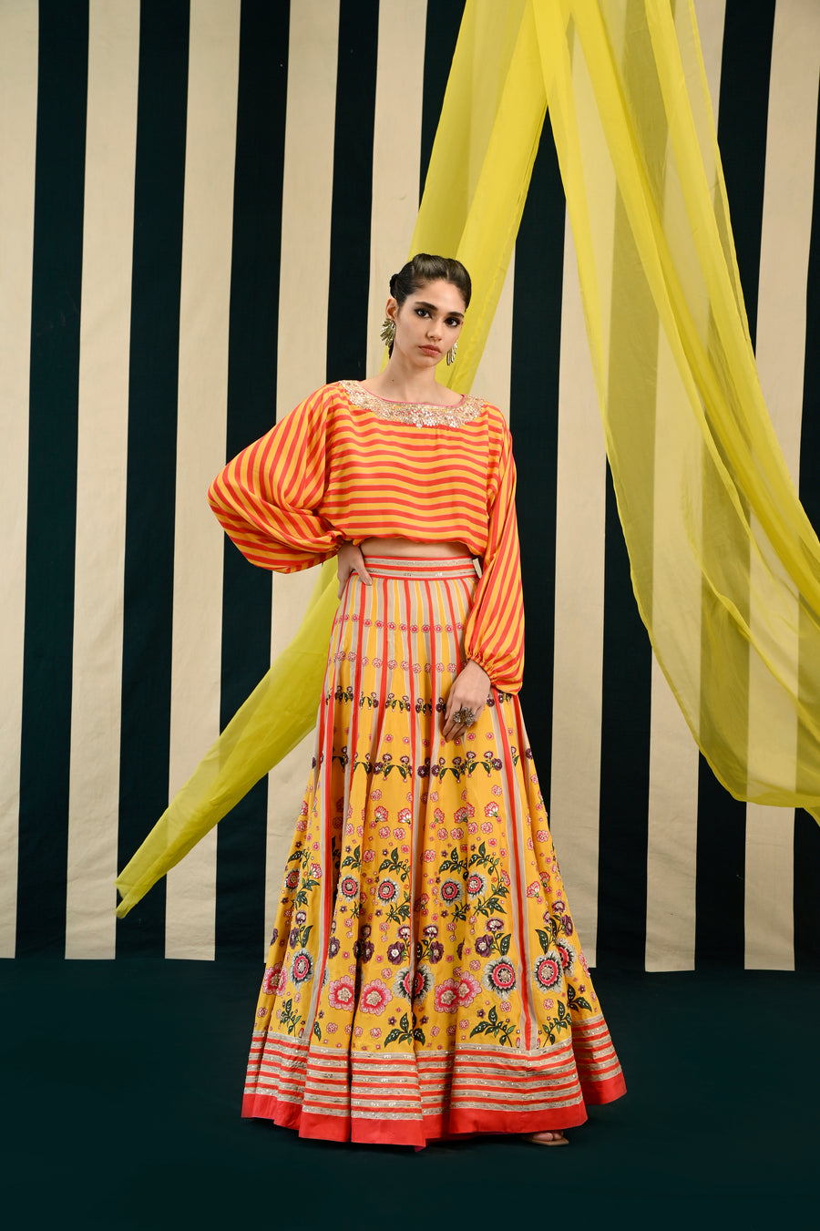 Yellow Orange Printed Embroidered Lehenga with Balloon Top