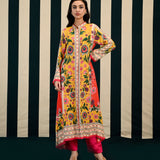 Yellow Orange Printed Kurta Set with Mirror Work
