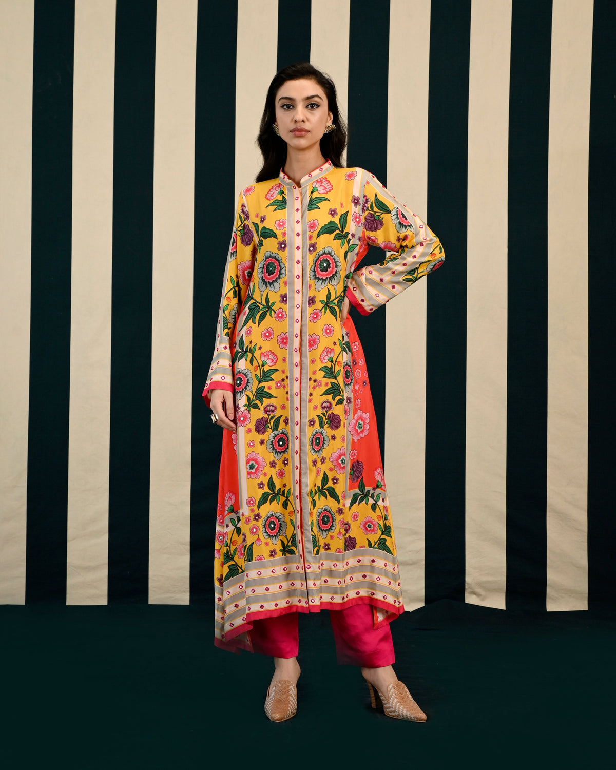 Yellow Orange Printed Kurta Set with Mirror Work
