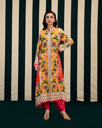 Yellow Orange Printed Kurta Set with Mirror Work
