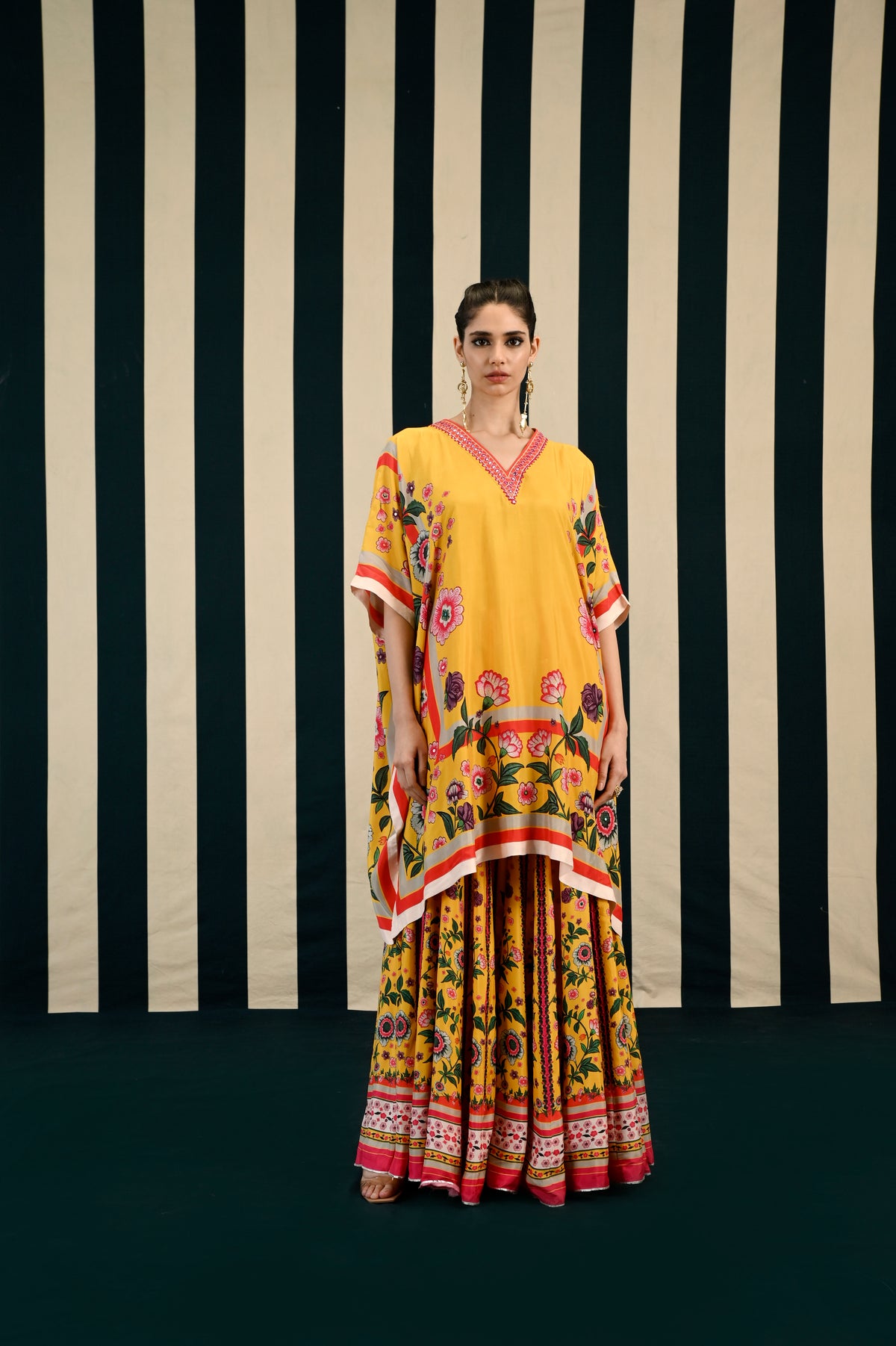 Yellow Printed Sharara Set with Mirror Work