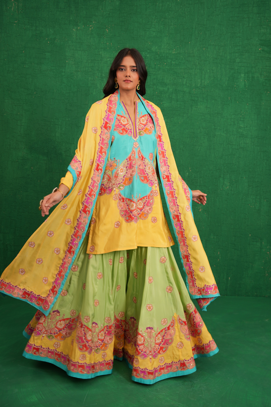 Yellow/turquoise butterfly sharara set