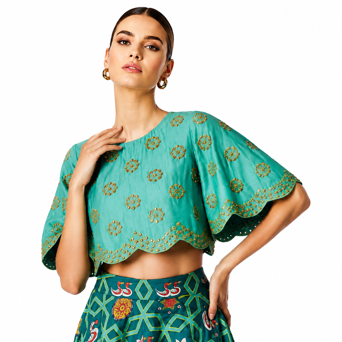 Bundi Printed Embrodiered Teal Zaal Lehenga Set