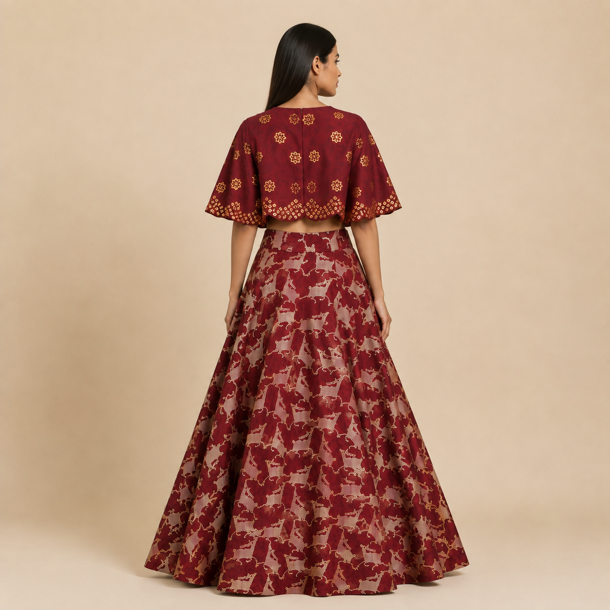 Bundi Printed Embrodiered Maroon Zaal Lehenga Set