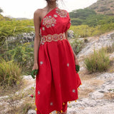 Morbagh Red Embroidered One Shoulder Cape With Pants