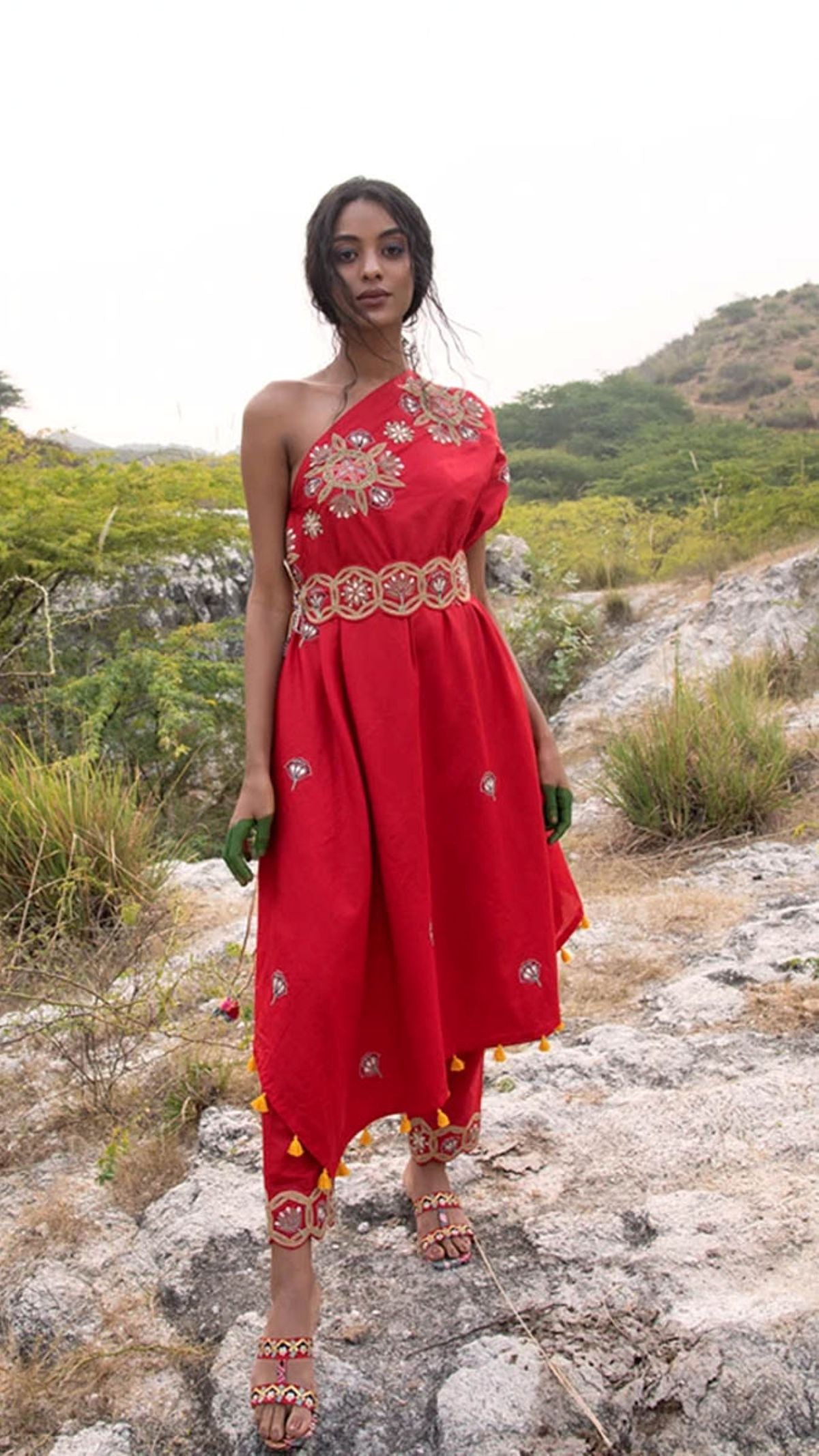 Morbagh Red Embroidered One Shoulder Cape With Pants