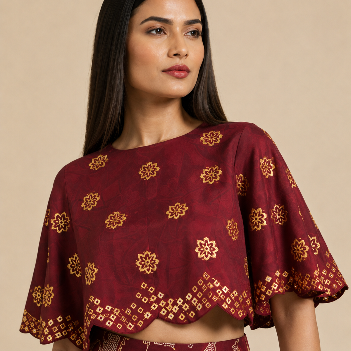 Bundi Printed Embrodiered Maroon Zaal Lehenga Set
