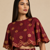 Bundi Printed Embrodiered Maroon Zaal Lehenga Set