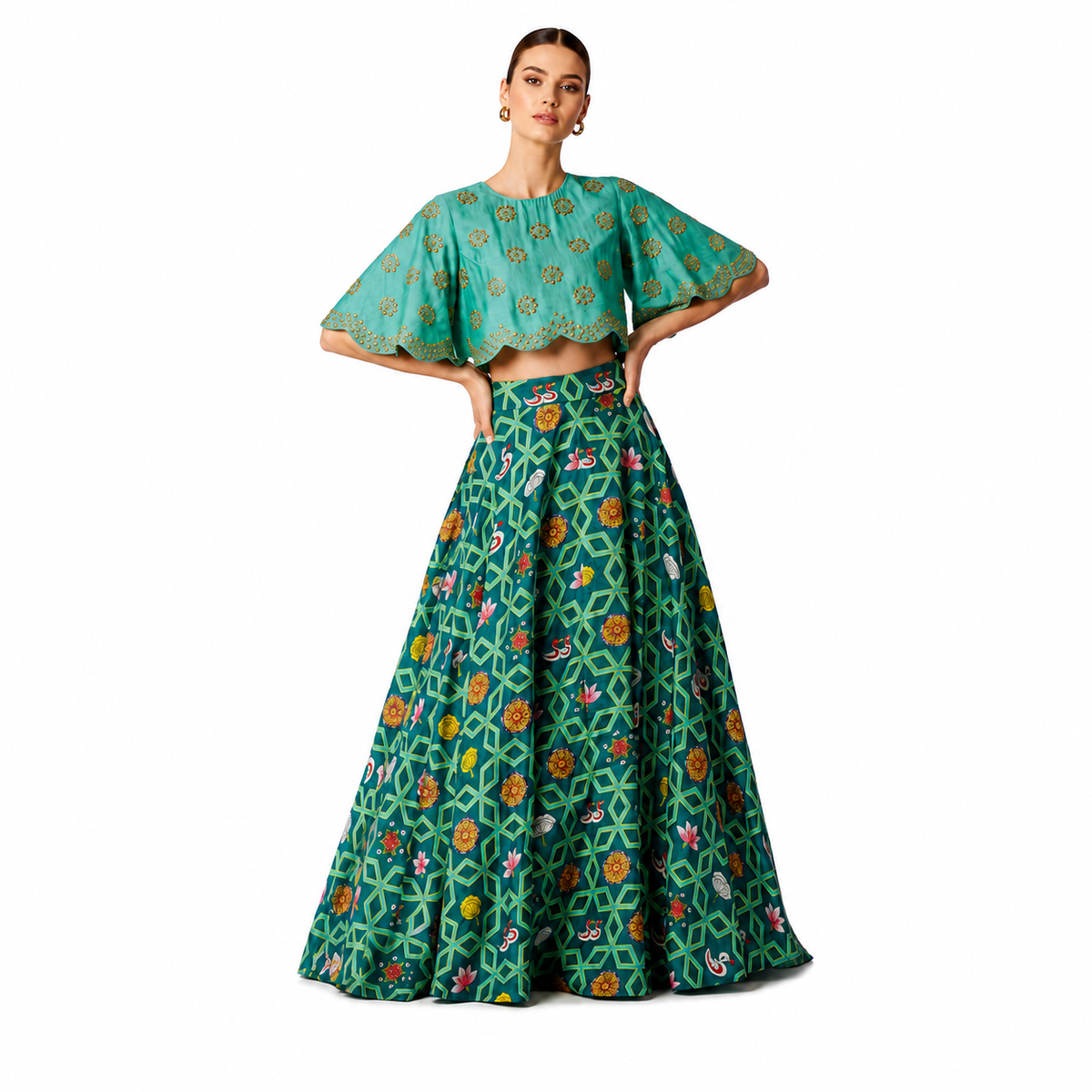 Bundi Printed Embrodiered Teal Zaal Lehenga Set