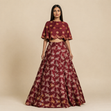 Bundi Printed Embrodiered Maroon Zaal Lehenga Set
