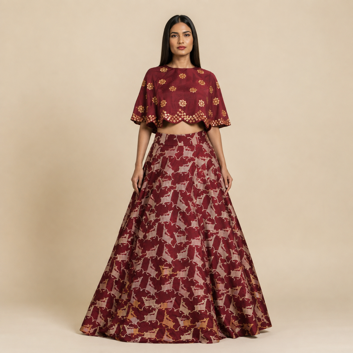Bundi Printed Embrodiered Maroon Zaal Lehenga Set