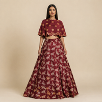 Bundi Printed Embrodiered Maroon Zaal Lehenga Set