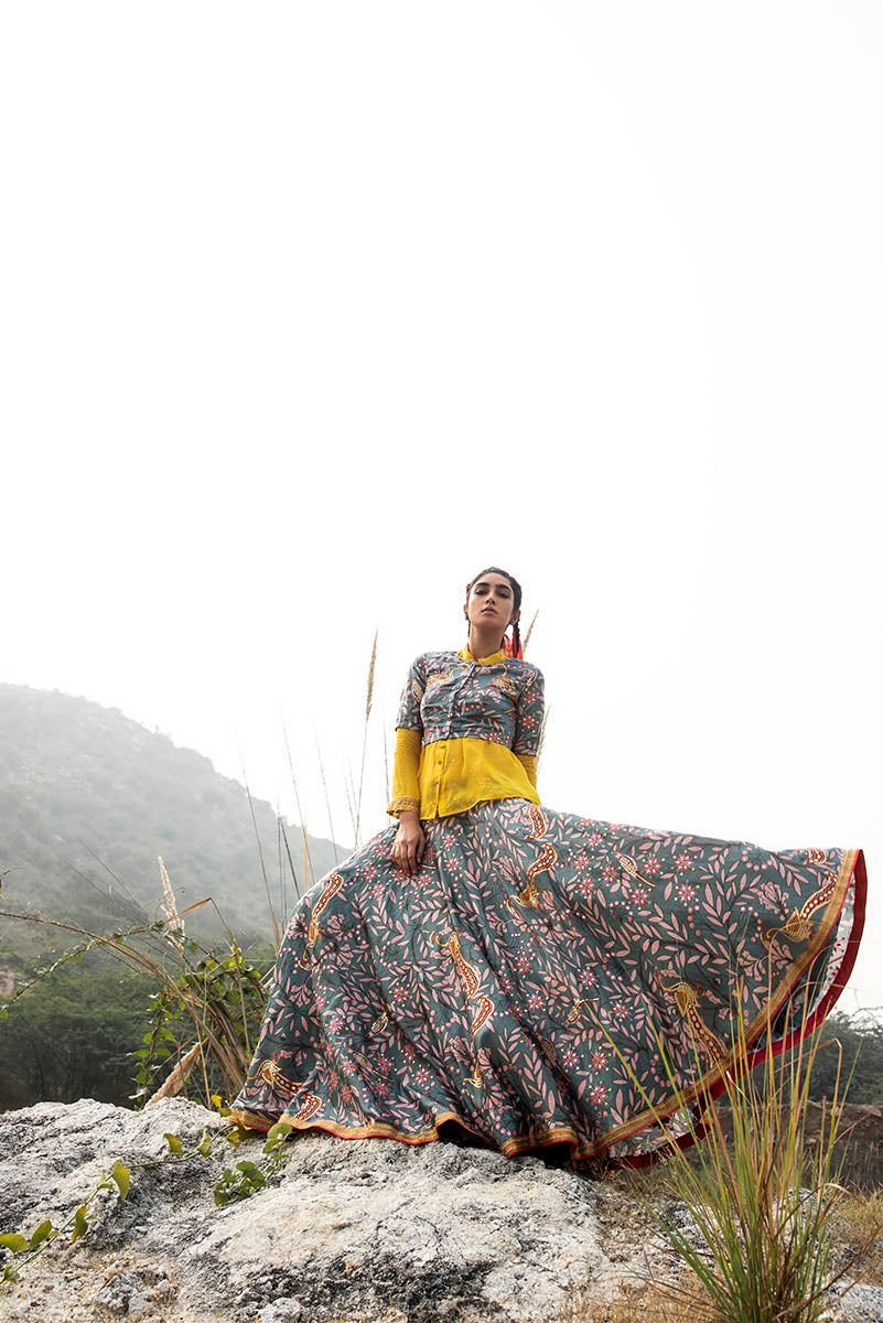 Morbagh Grey Embroidered Lehenga, Crop Top And Sheer Shirt