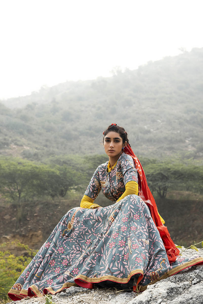 Morbagh Grey Embroidered Lehenga, Crop Top And Sheer Shirt