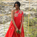 Morbagh Red Embroidered One Shoulder Cape With Pants