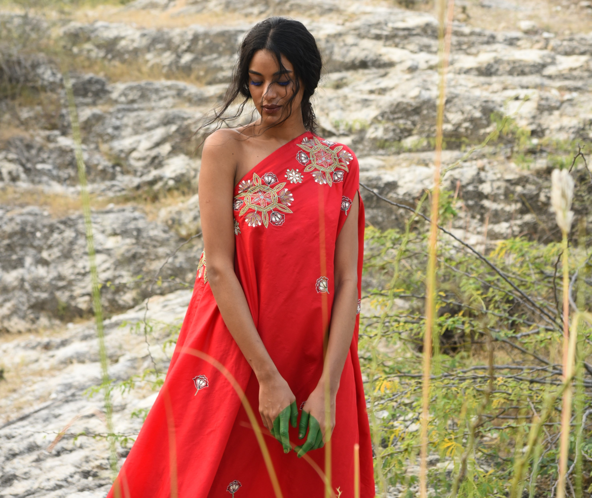 Morbagh Red Embroidered One Shoulder Cape With Pants