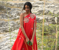Morbagh Red Embroidered One Shoulder Cape With Pants