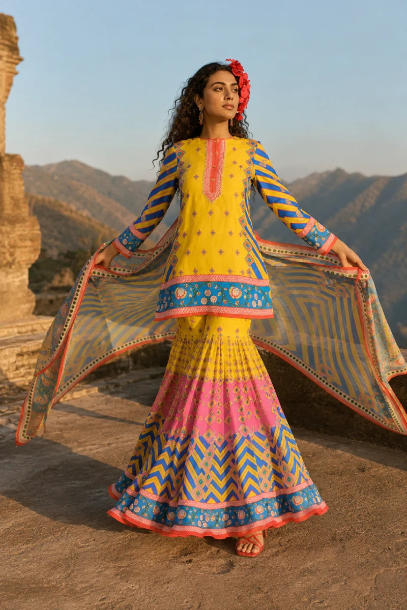Hand-Embroidered Multi-Print Silk Sharara Set