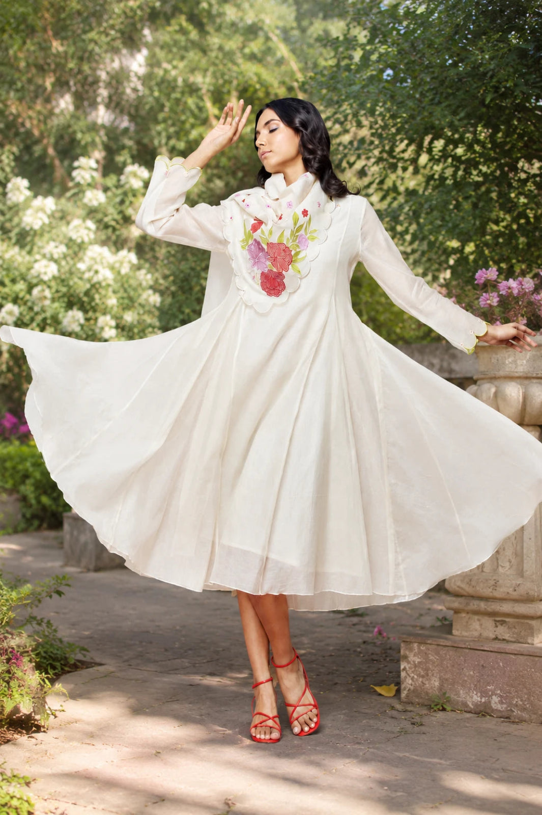 Ivory Embroidered Chanderi Scallop Dress