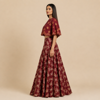 Bundi Printed Embrodiered Maroon Zaal Lehenga Set