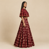 Bundi Printed Embrodiered Maroon Zaal Lehenga Set