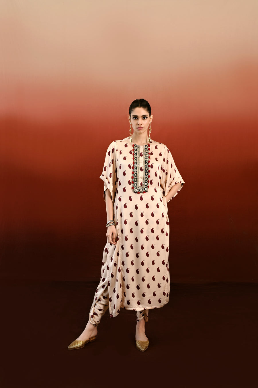 Paisley Printed Embroidered Chameli Kaftan Set