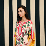 Ivory Yellow Printed Kaftan with Mirror Work
