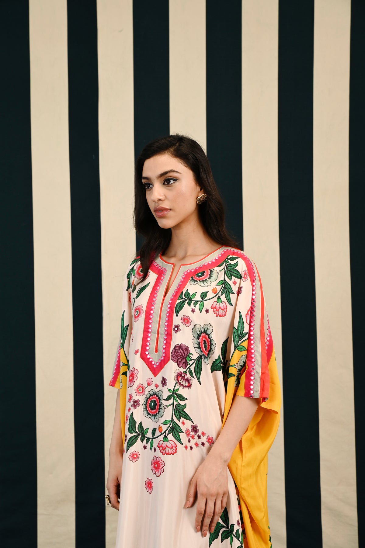 Ivory Yellow Printed Kaftan with Mirror Work