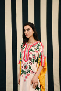 Ivory Yellow Printed Kaftan with Mirror Work