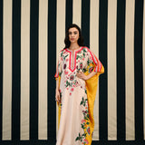 Ivory Yellow Printed Kaftan with Mirror Work