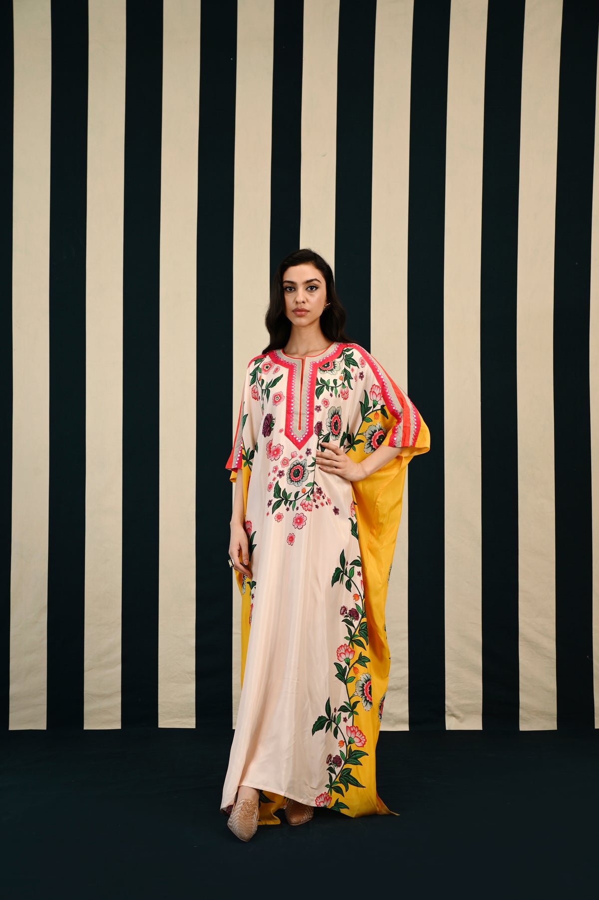 Ivory Yellow Printed Kaftan with Mirror Work