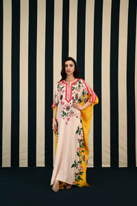 Ivory Yellow Printed Kaftan with Mirror Work