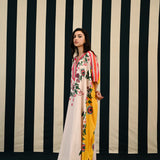 Ivory Yellow Printed Kaftan with Mirror Work