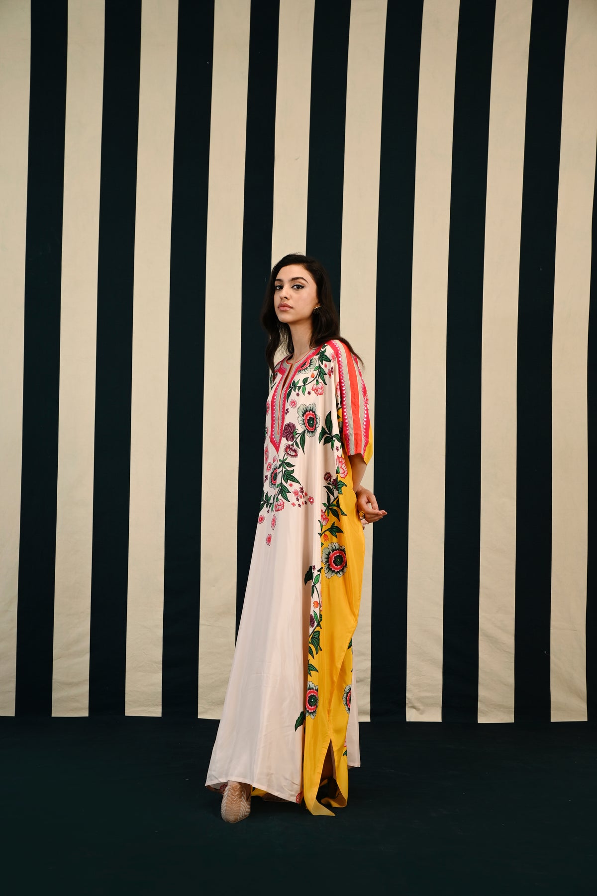 Ivory Yellow Printed Kaftan with Mirror Work