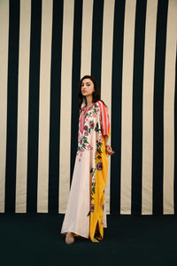 Ivory Yellow Printed Kaftan with Mirror Work