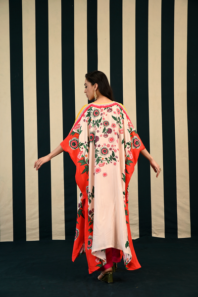 Ivory Orange Printed Kaftan Set with Mirror Work