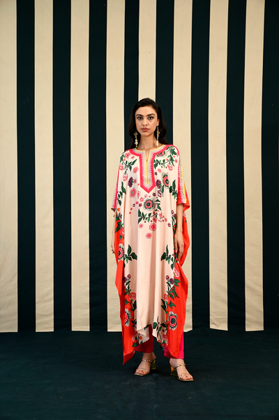 Ivory Orange Printed Kaftan Set with Mirror Work