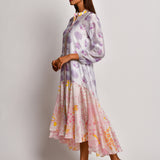 Ivory Purple Printed Floral Boho Chanderi Dress