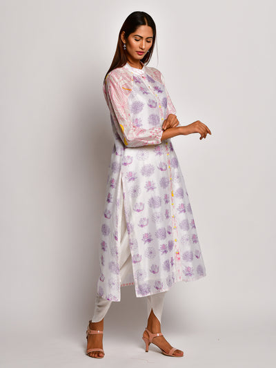 Pink Floral printed Reglan Sleeve Chanderi Kurta With Dhoti Pants