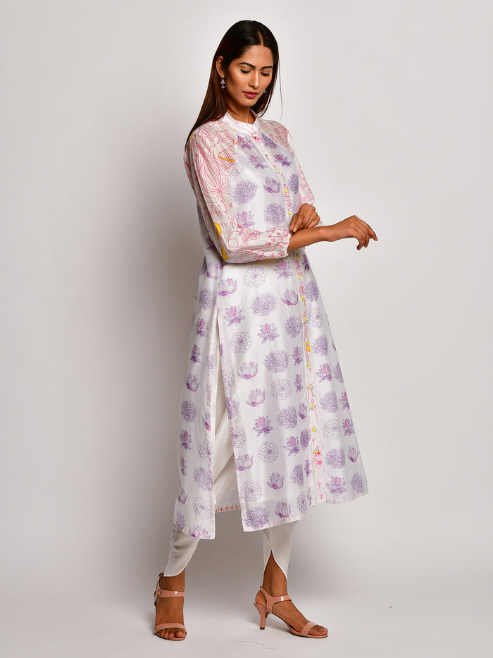 BLOOM PINK FLORAL REGLAN SLEEVE CHANDERI KURTA WITH DHOTI PANTS