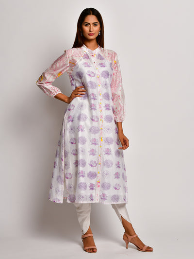 Pink Floral printed Reglan Sleeve Chanderi Kurta With Dhoti Pants